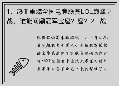 1.  热血重燃全国电竞联赛LOL巅峰之战，谁能问鼎冠军宝座？座？2.  战火再起全国电子竞技大赛LOL专场，见证新一代王者的诞生